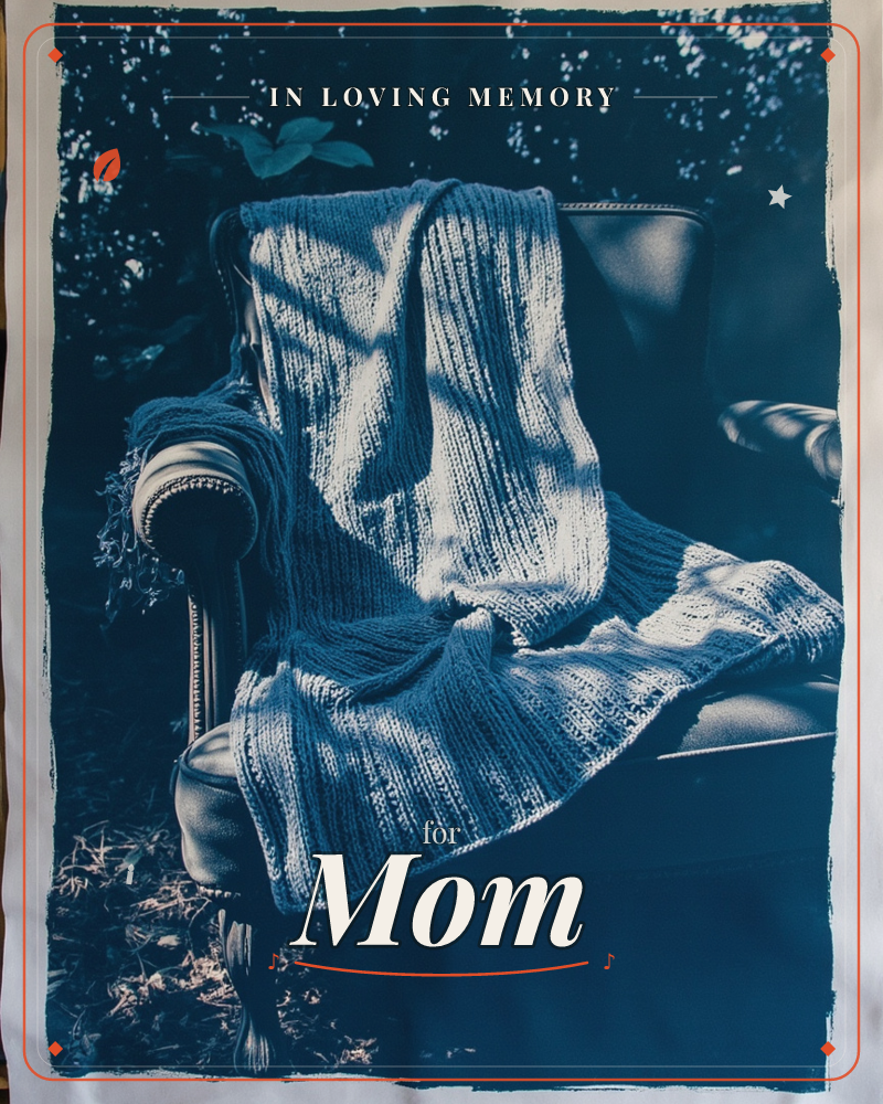 A cyanotype-style print shows a chunky knitted throw draped over an old armchair set outdoors among dappled leaves and shadow, a memory e-card design