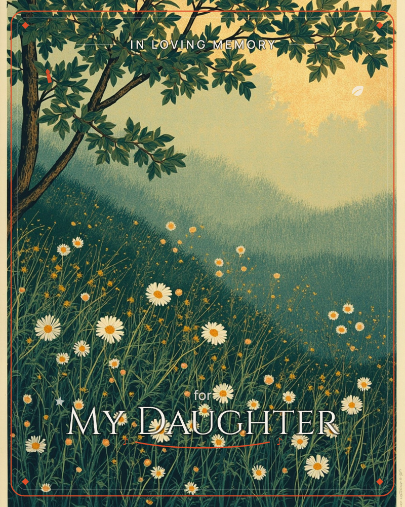 A tree branch arches over a hillside meadow scattered with white daisies and small yellow blooms, the rolling hills fading into soft teal shadow toward…, a memory e-card design