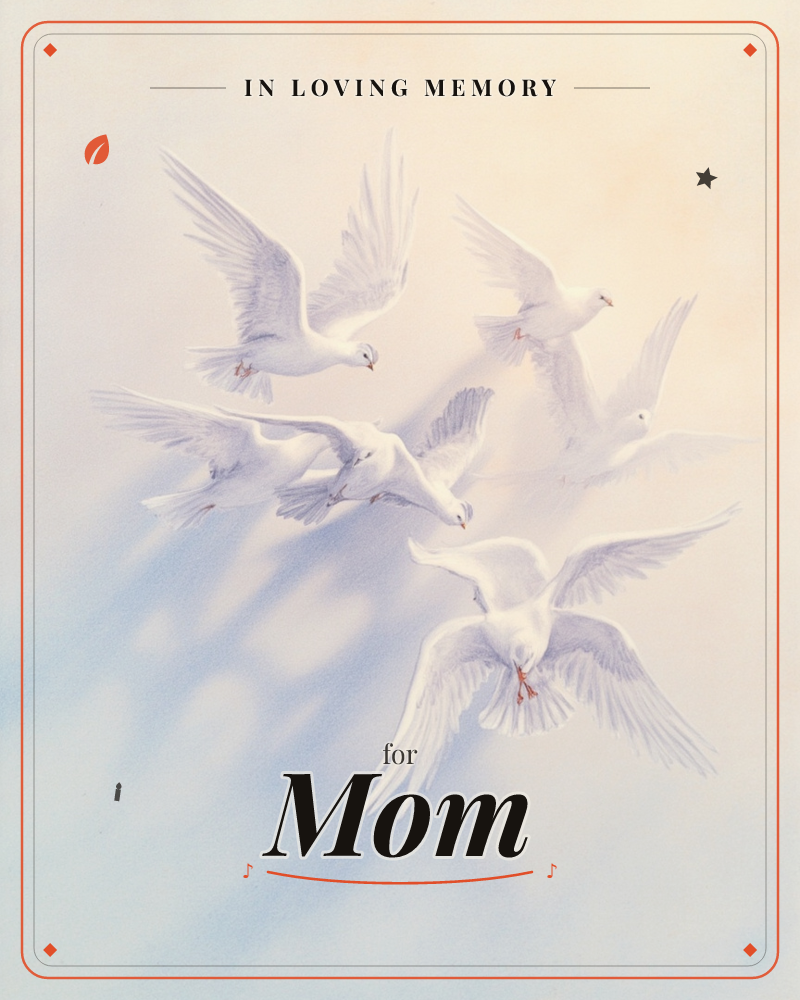 A cluster of white doves swoops together against a soft, glowing backdrop that fades from pale gold to hazy blue, their wings caught mid-flutter in…, a memory e-card design
