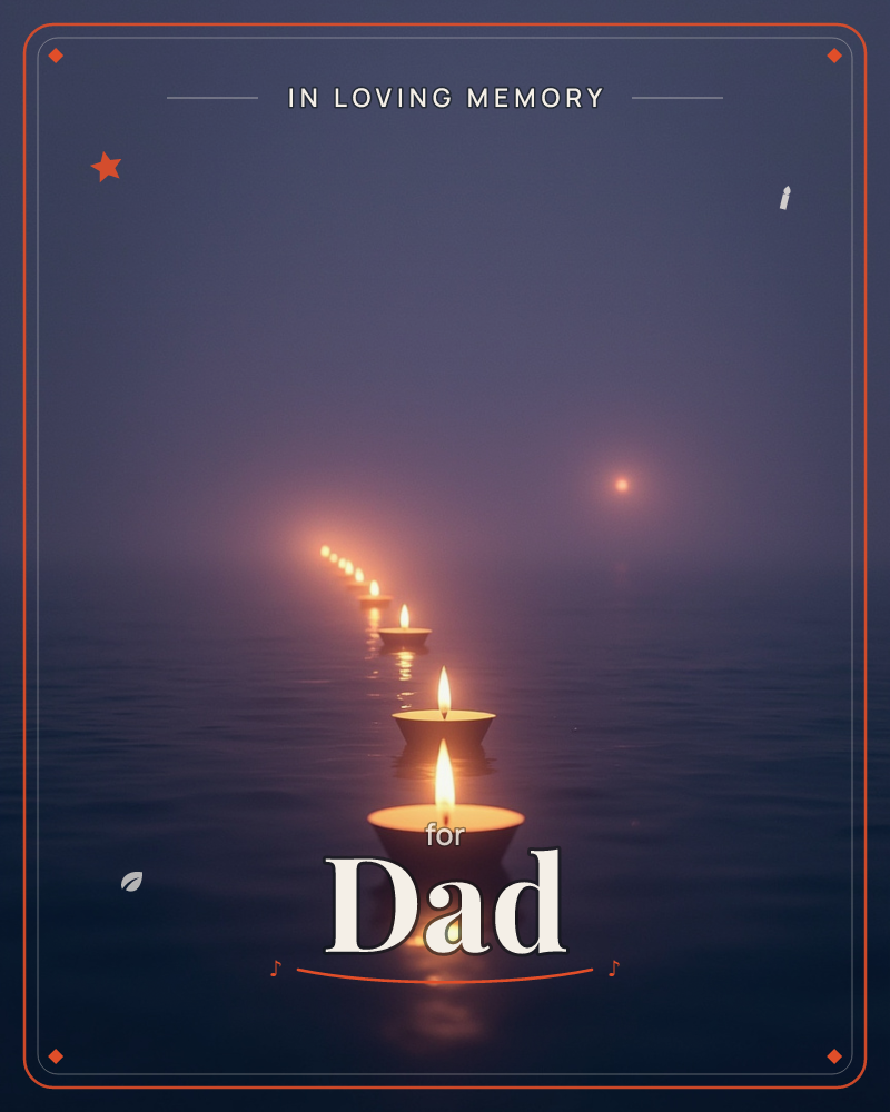 A line of small floating candles drifts across a dark, still sea, their flames trailing off into the misty distance toward a single glowing orb on the…, a memory e-card design