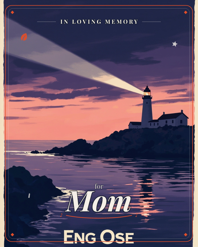 A white lighthouse stands on a rocky point at dusk, its beam sweeping across a purple-and-pink sky above calm coastal water, a memory e-card design