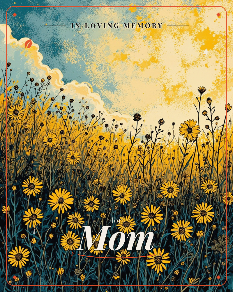 A dense field of yellow daisies rises against a glowing sky streaked with teal clouds and golden light, a memory e-card design