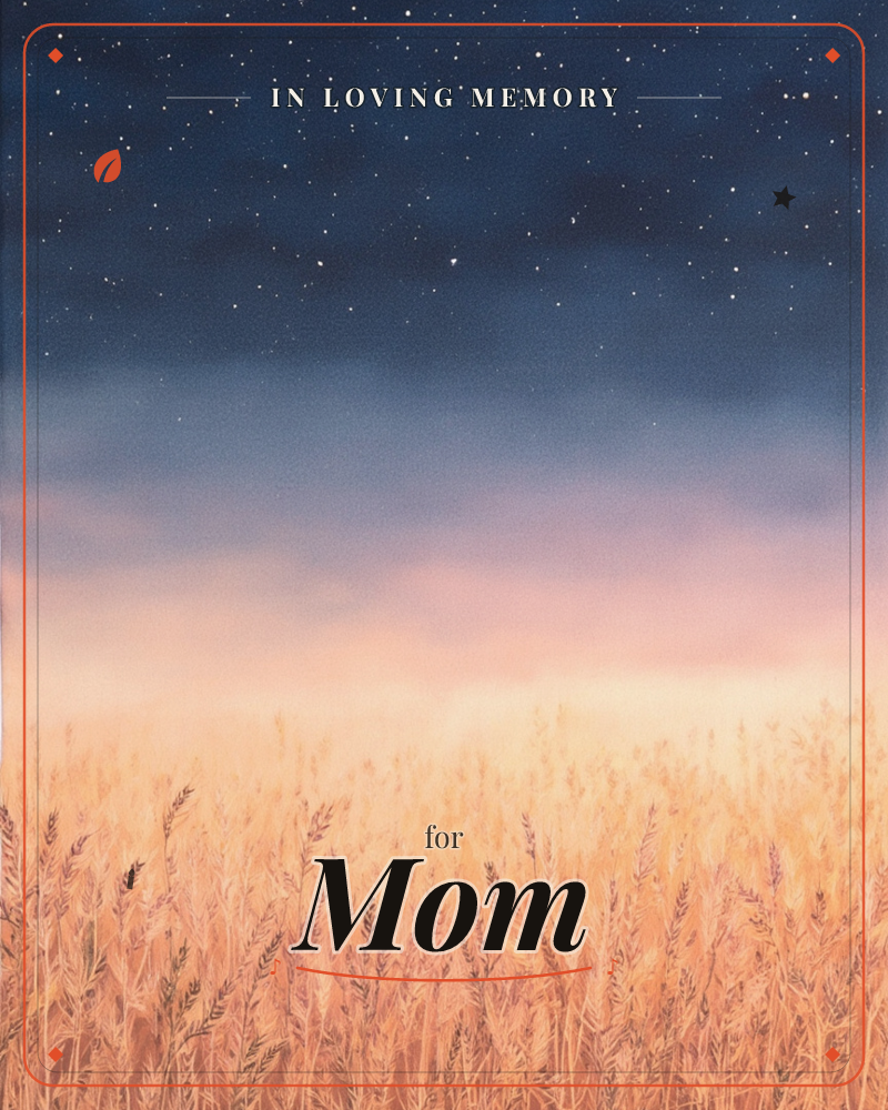 A quiet field of tall grasses fades into silhouette as dusk settles overhead, the sky shifting from soft peach at the horizon up through dusty pink…, a memory e-card design