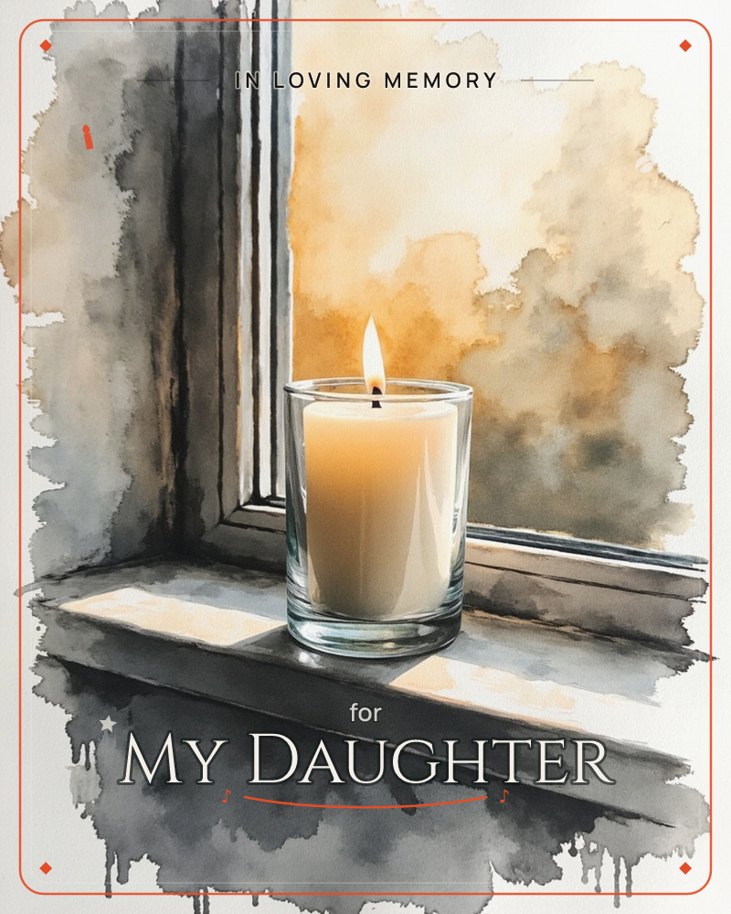 A single glass candle burns on a windowsill, its flame steady against a watercolour wash of dusky gold and grey sky beyond the panes, a memory e-card design