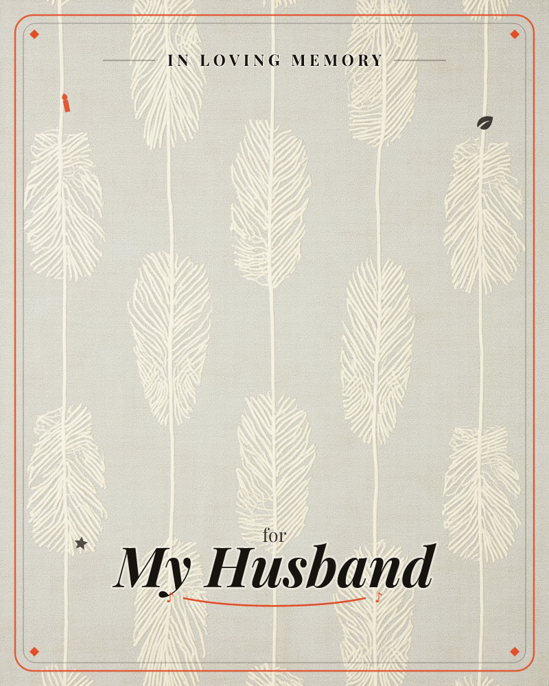 A repeating pattern of pale cream feathers stacked in vertical columns over a soft grey linen-textured background, a memory e-card design