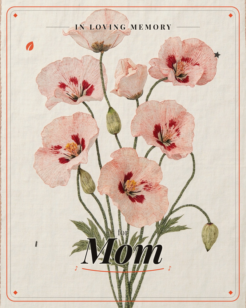 A cluster of pale pink poppies is rendered in fine embroidered thread on natural linen, their petals crosshatched with delicate stitched veining and…, a memory e-card design