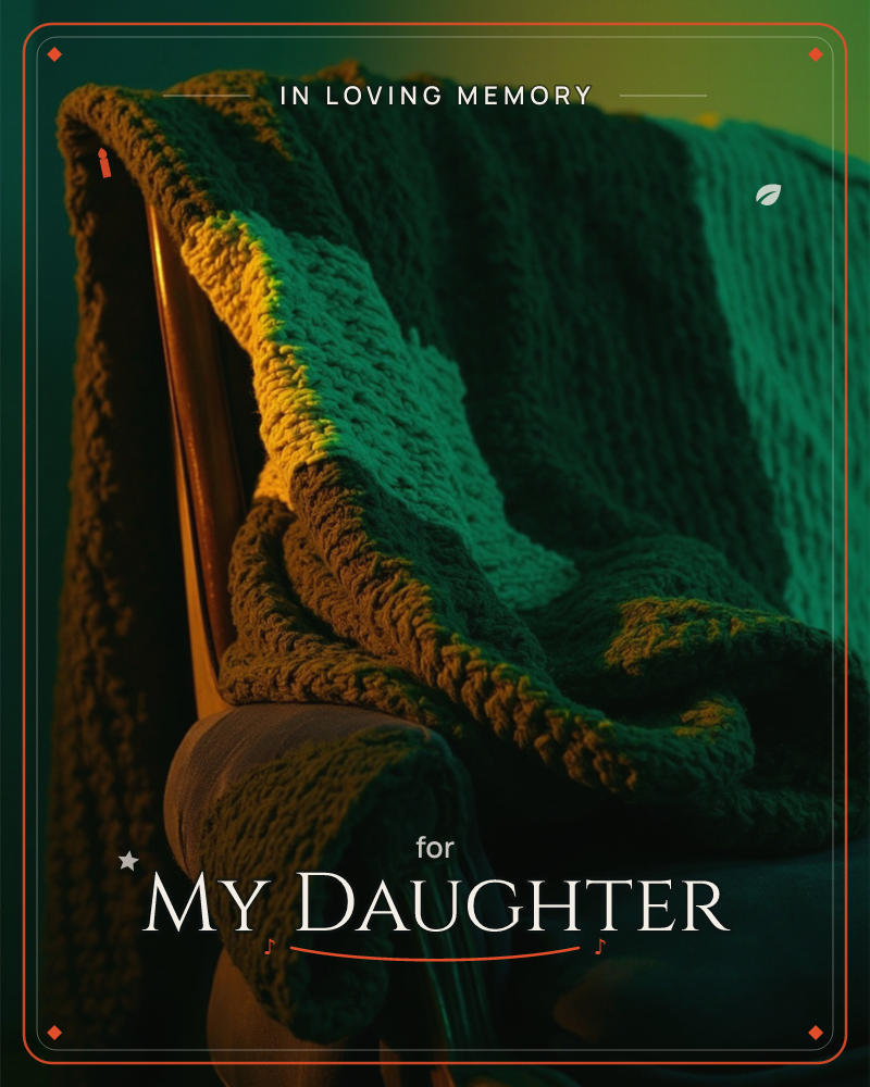 A chunky knit throw is draped over the curved wooden arm of a chair, lit in dramatic pools of emerald and amber light against near-black shadow, a memory e-card design
