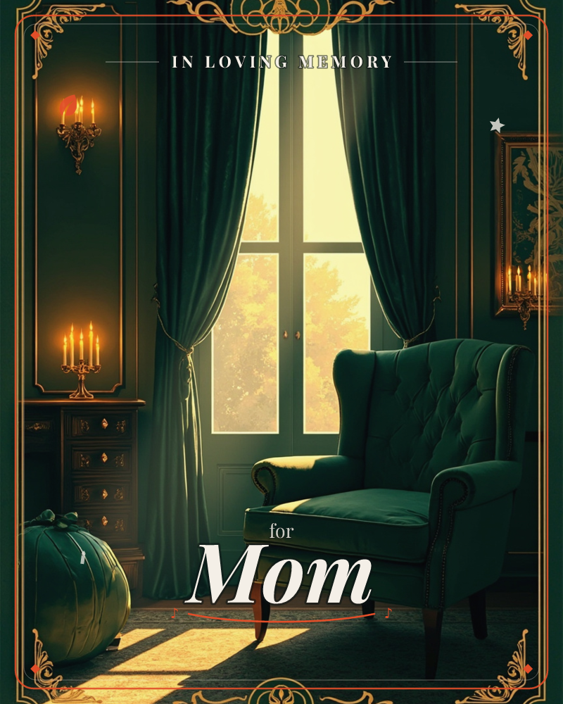 A richly furnished room glows in emerald and gold, with a tufted velvet armchair angled toward a tall window framed by heavy drapes, a memory e-card design