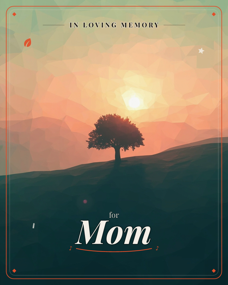 A single tree stands silhouetted on a rolling hilltop as a low sun blazes behind it, the sky broken into faceted planes of peach, coral and teal, a memory e-card design