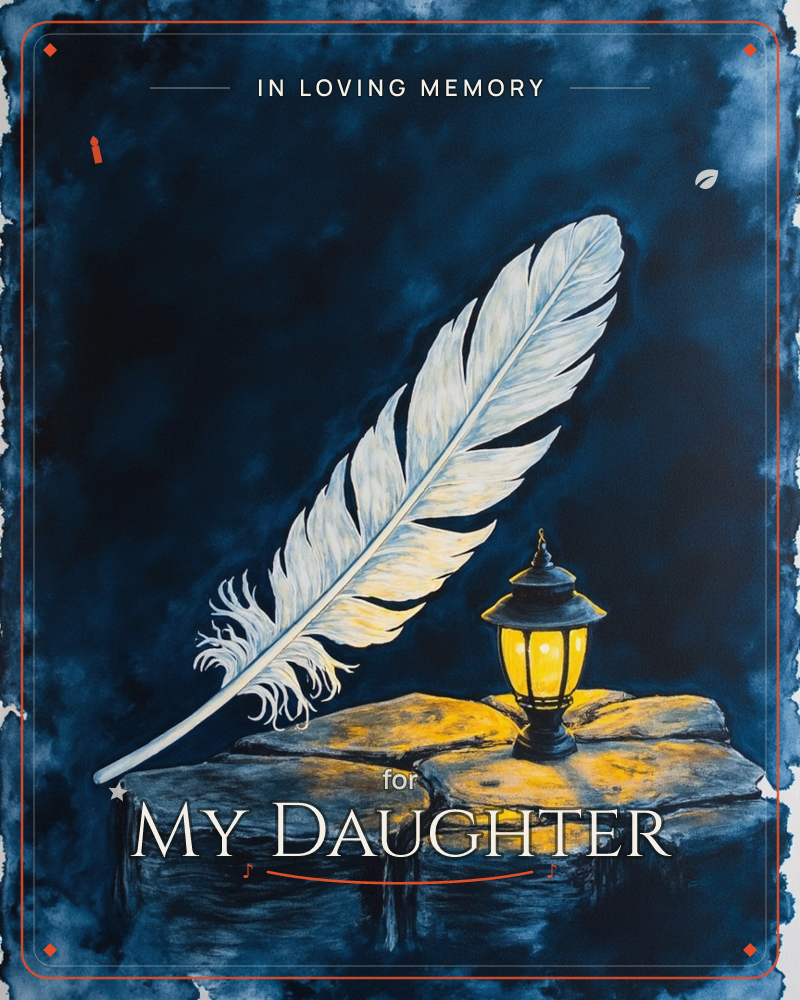 A large white feather leans against a small glowing lantern, both resting on flat stone slabs against a deep indigo night sky, a memory e-card design