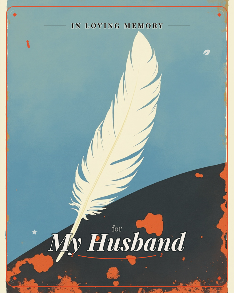 A single large white feather stands upright against a soft blue sky, its quill resting on the crest of a dark hill flecked with rust-orange spots, a memory e-card design