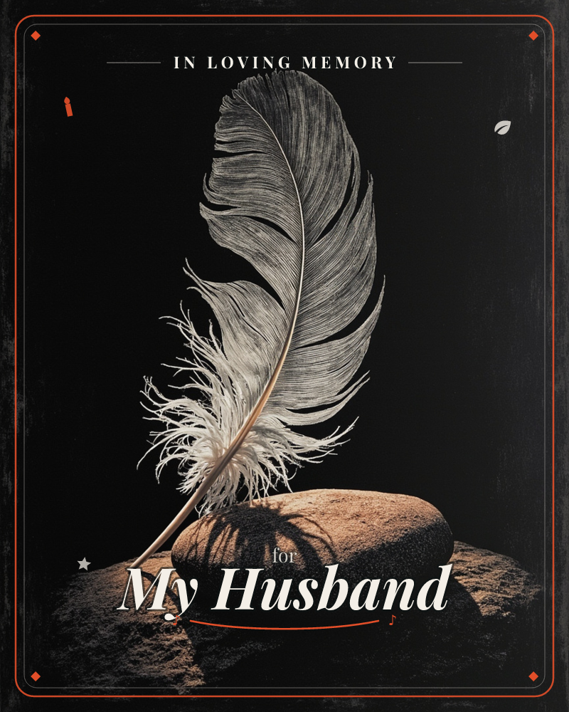 A single pale feather stands propped against a smooth stone, lit sharply from the side so its shadow spreads dark across the rock below, a memory e-card design