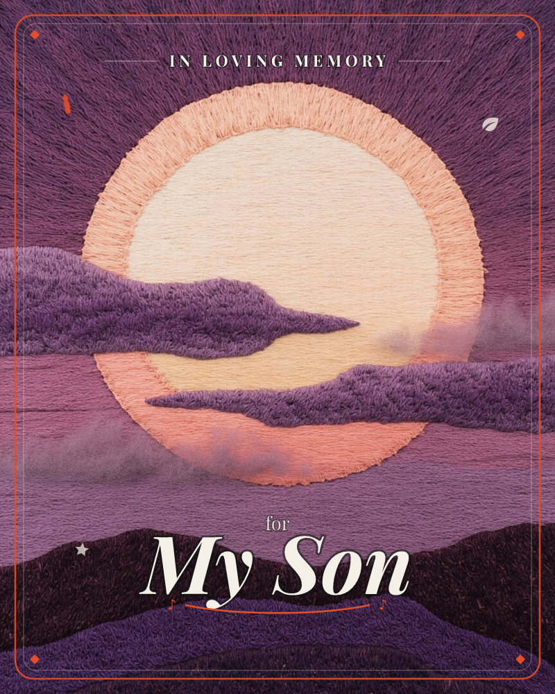 A large glowing moon or sun hangs low over a mountain silhouette, its cream light rimmed by a soft orange halo against a richly textured purple sky, a memory e-card design