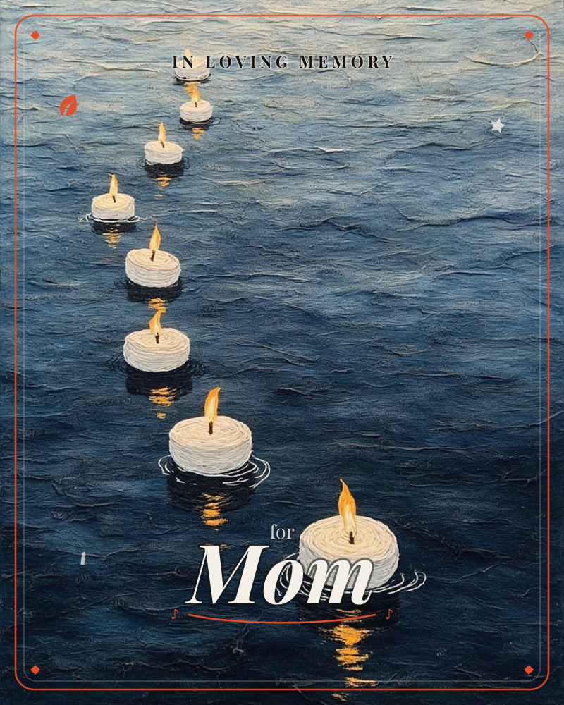 A line of white floating candles drifts across a rippling expanse of deep blue water, each flame casting a small golden reflection on the surface, a memory e-card design