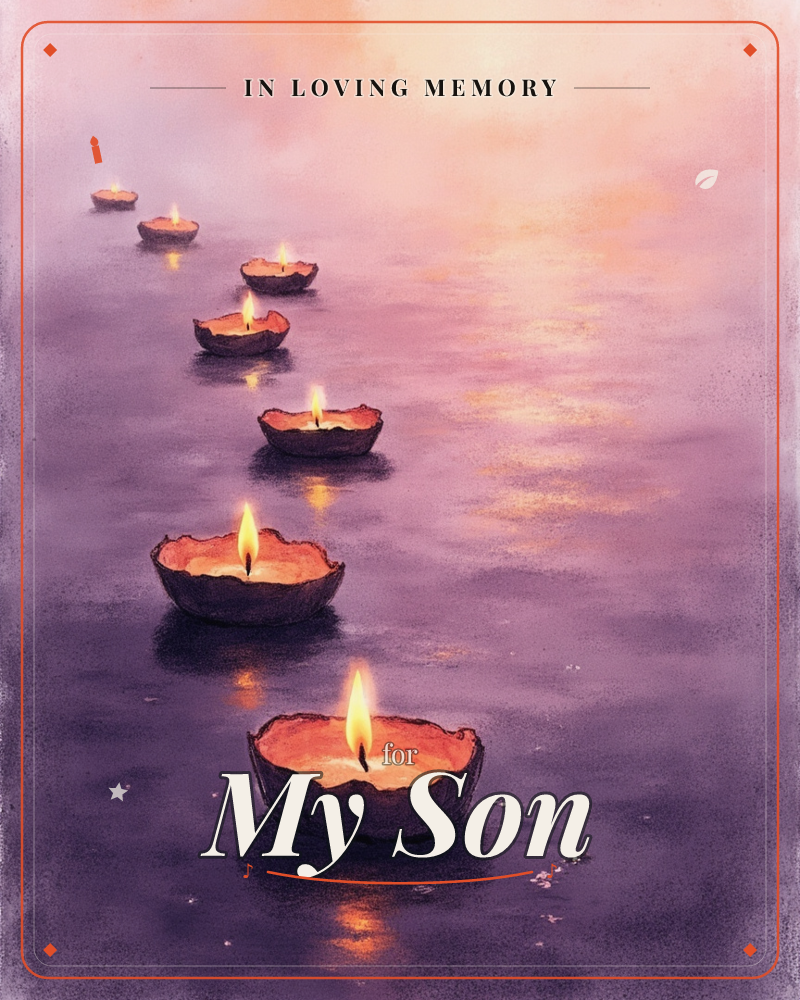 A trail of small oil lamps floats across still water, each flame reflected in soft ripples as it recedes toward a glowing purple-gold horizon, a memory e-card design