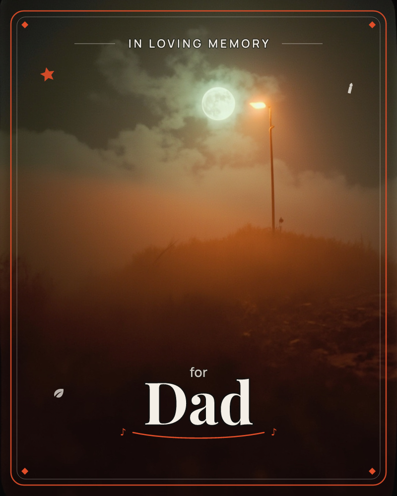 A lone streetlamp glows amber atop a misty hill, its light bleeding into thick fog while a pale full moon hangs behind drifting clouds above it, a memory e-card design