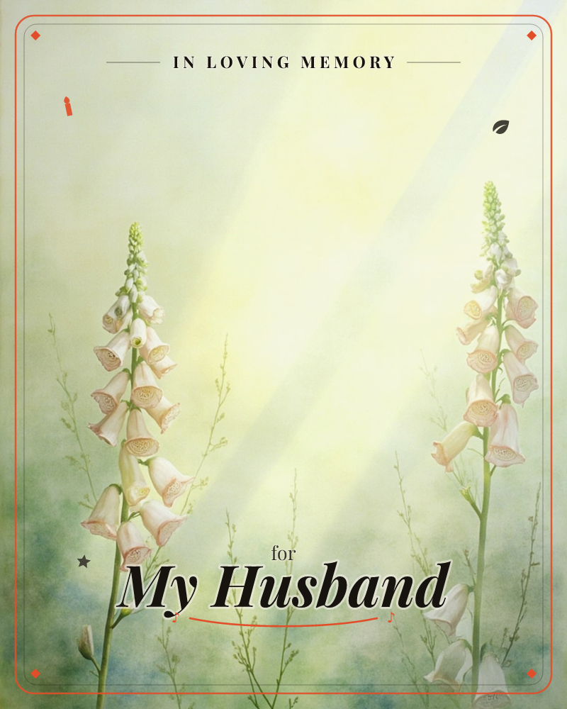 Two tall foxglove spikes stand in a soft, hazy meadow as a wide shaft of pale golden light cuts diagonally across the background, a memory e-card design