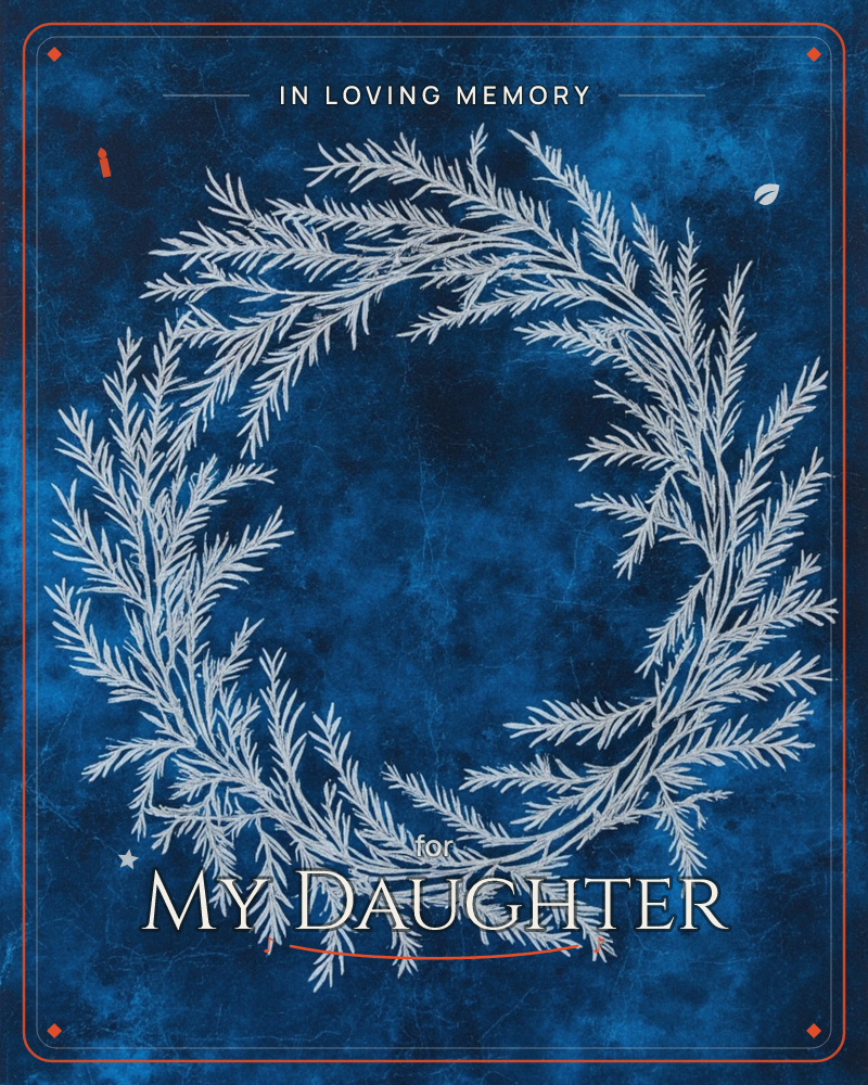 A frost-white wreath of feathery pine sprigs glows against a deep, mottled midnight-blue background textured like weathered stone, a memory e-card design