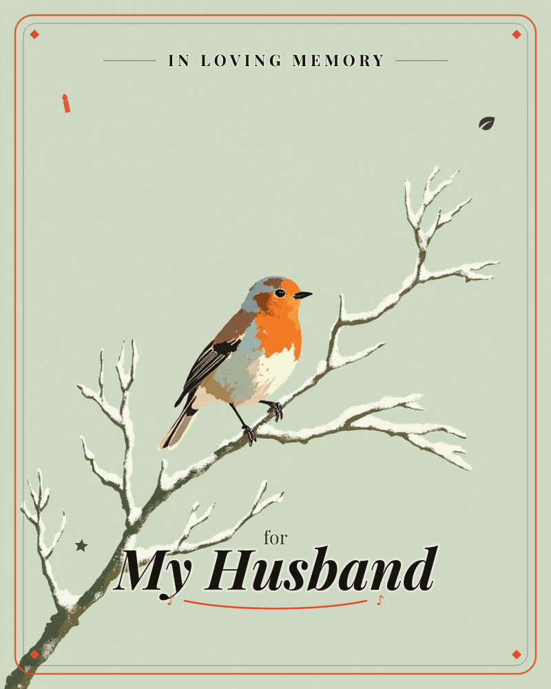 A robin with an orange breast perches on a bare, frost-dusted branch, its feathers softly lit against a pale, vignetted winter sky, a memory e-card design