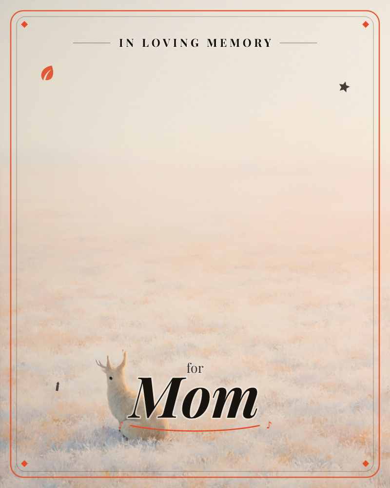 A small white hare-like creature with soft antler-like ears sits low in a vast frosted field, gazing up into a hazy pink-gold sky, a memory e-card design
