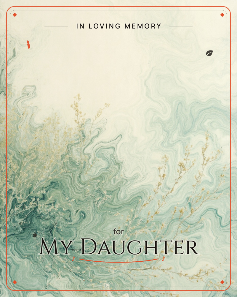 Swirling marbled currents of jade and seafoam ripple across a cream background, resolving into delicate branches tipped with small pale blossoms, a memory e-card design
