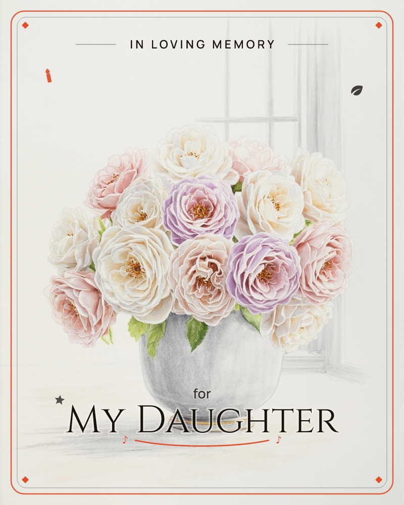 A round white ceramic vase with a thin gold rim holds a full bouquet of roses in cream, blush pink and soft lilac, sketched in fine coloured pencil…, a memory e-card design