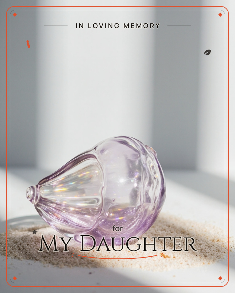 A pale lilac glass vessel, shaped like a rounded gourd with a slender neck, rests on its side in a small mound of pale sand, a memory e-card design