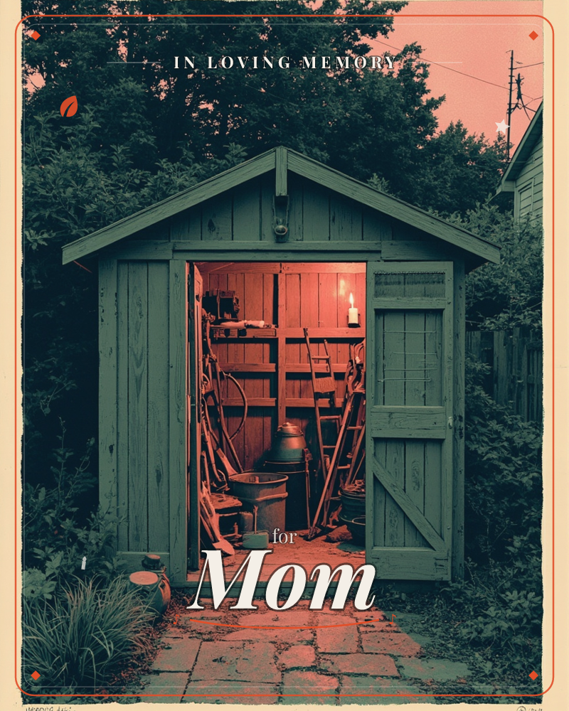 A weathered green garden shed stands open at dusk, its interior glowing with warm lamplight against the fading rose-colored sky, a memory e-card design