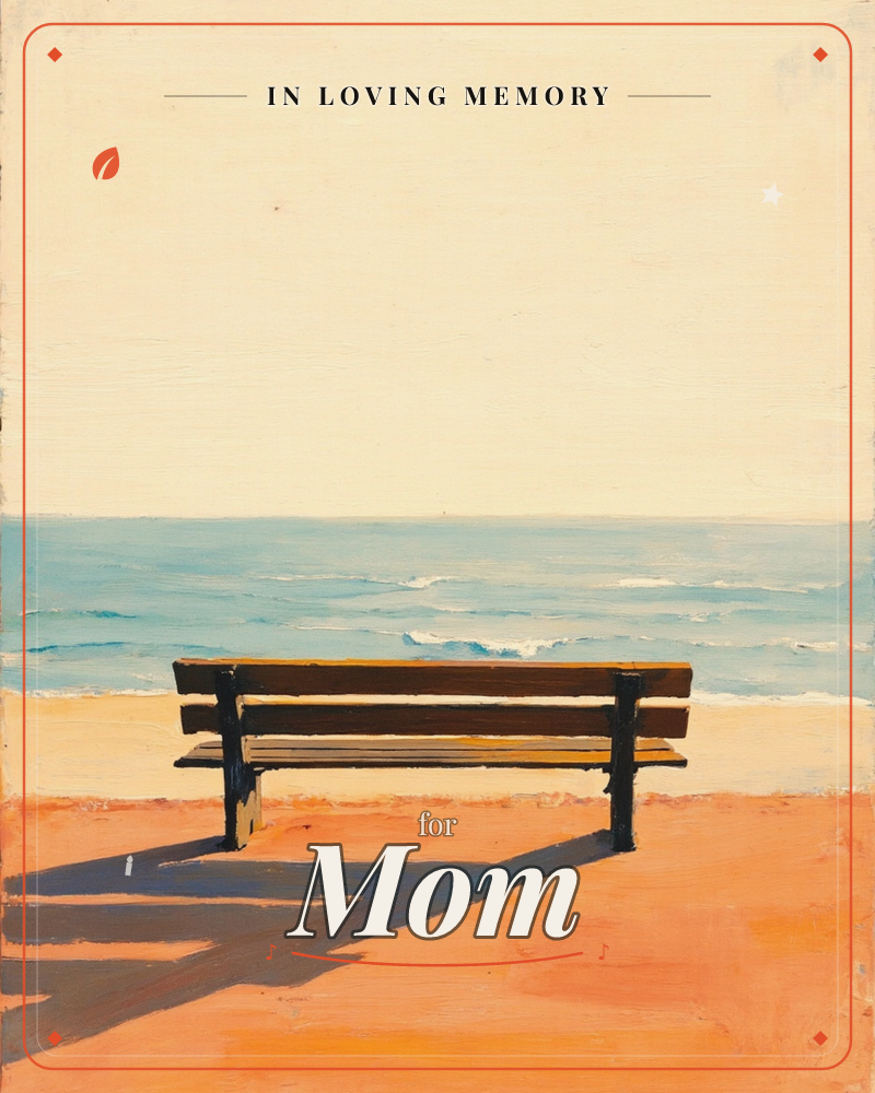An empty wooden bench faces a pale, sunlit sea, its long shadow stretching across warm sand toward the viewer, a memory e-card design