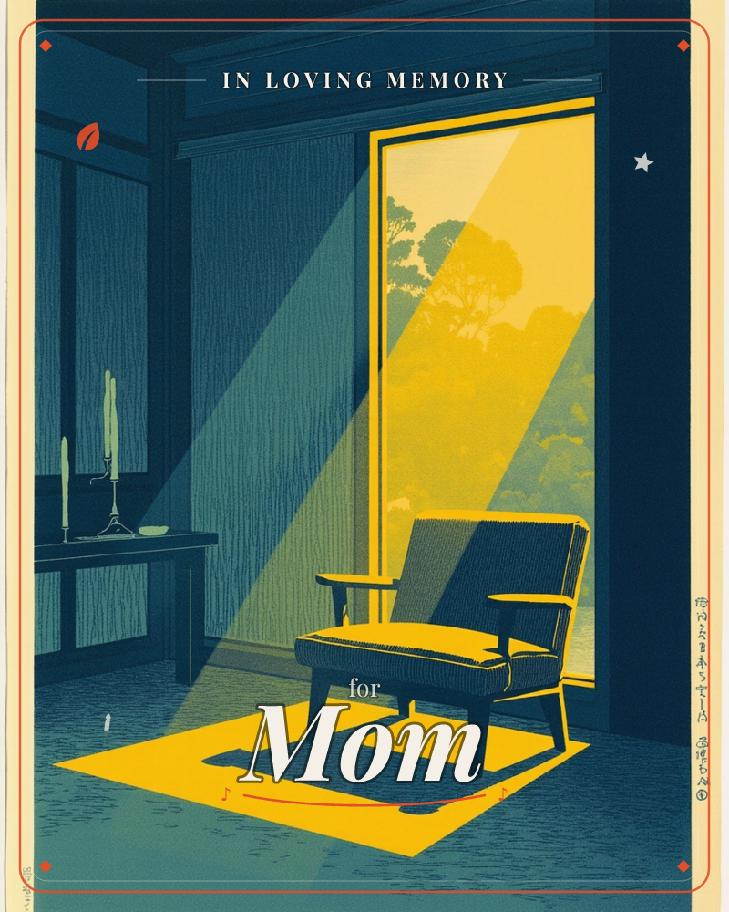 A single armchair sits in a shadowy blue room where a shaft of golden light pours through an open doorway, casting a bright diagonal beam across the…, a memory e-card design