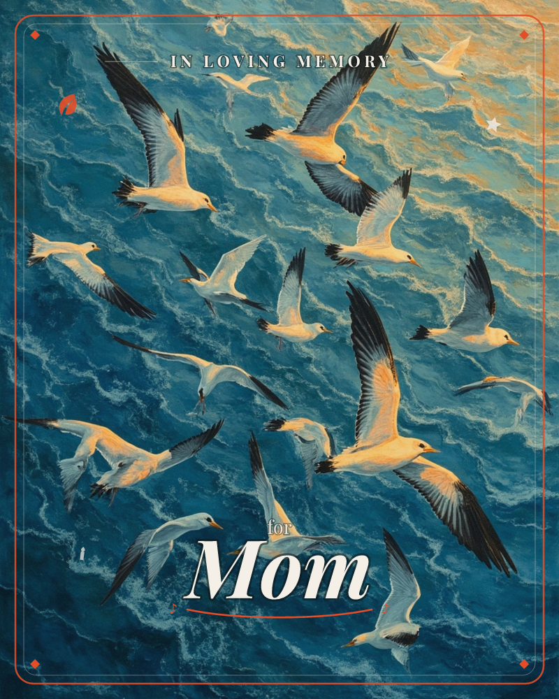 A flock of seagulls wheels and dives above churning teal ocean waves, their wings catching a warm golden light spilling in from one corner, a memory e-card design