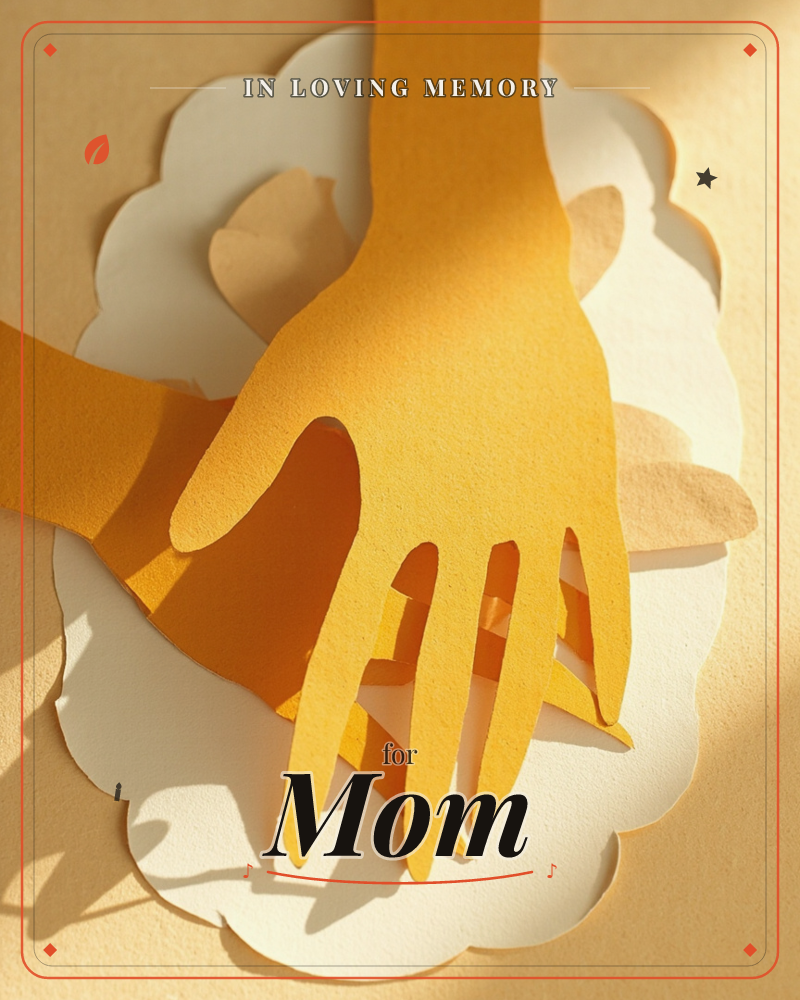 A layered paper-cut illustration shows two golden-yellow hands overlapping, palms resting together atop soft cream cloud-like shapes, a memory e-card design
