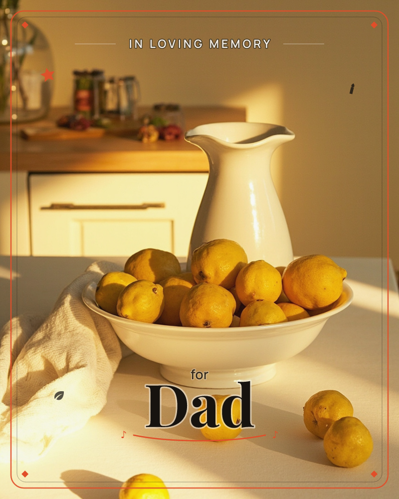 A kitchen counter glows in warm evening light, a white ceramic bowl piled high with lemons sitting beside a tall white pitcher and a loose linen cloth, a memory e-card design