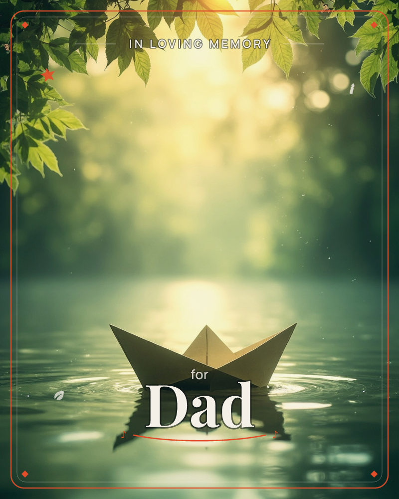 A small paper boat floats alone on still, dark water, its folded edges catching a soft golden light from beyond the trees above, a memory e-card design