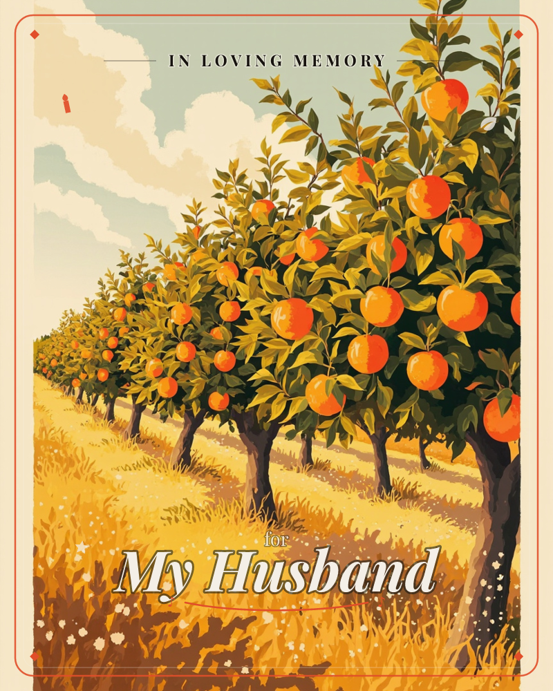 A row of orange trees stretches into the distance under a pale blue sky with soft clouds, their branches heavy with ripe fruit against golden, sunlit…, a memory e-card design