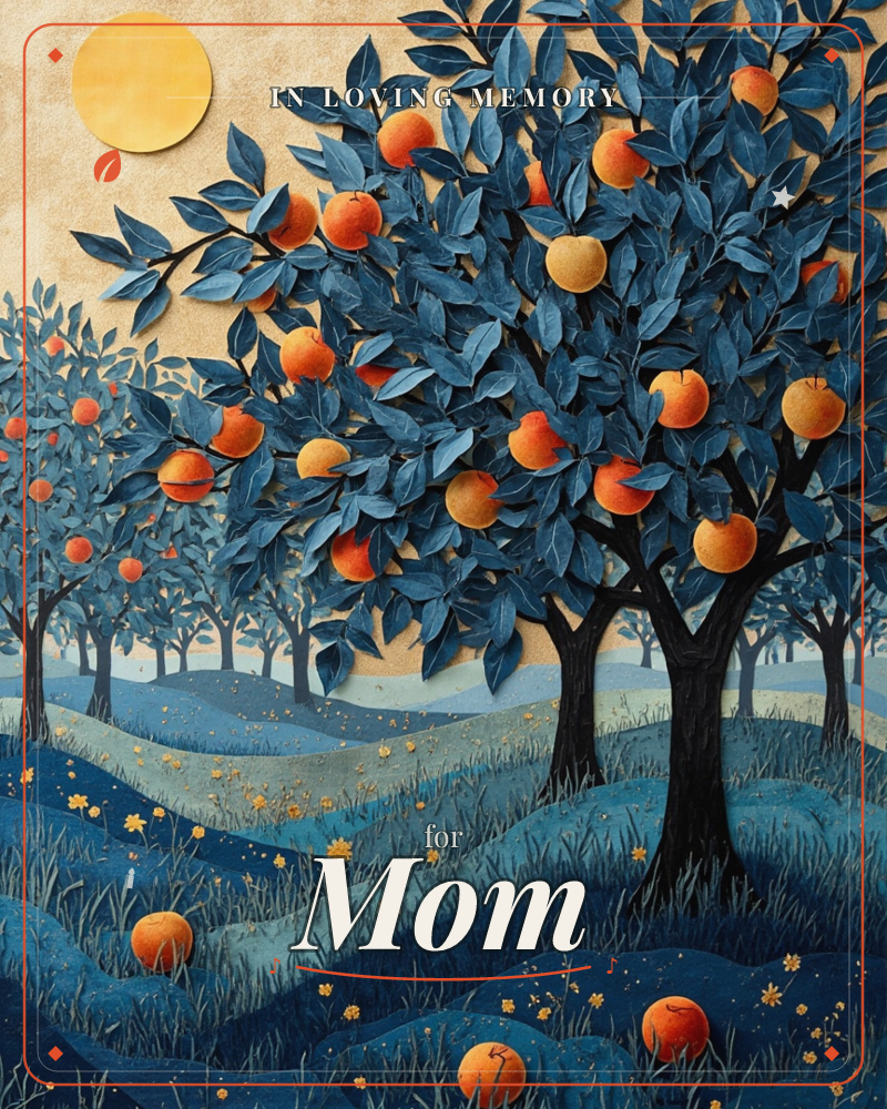An orchard of stylised trees with deep blue-black leaves stands across rolling hills, laden with glowing orange fruit, a memory e-card design