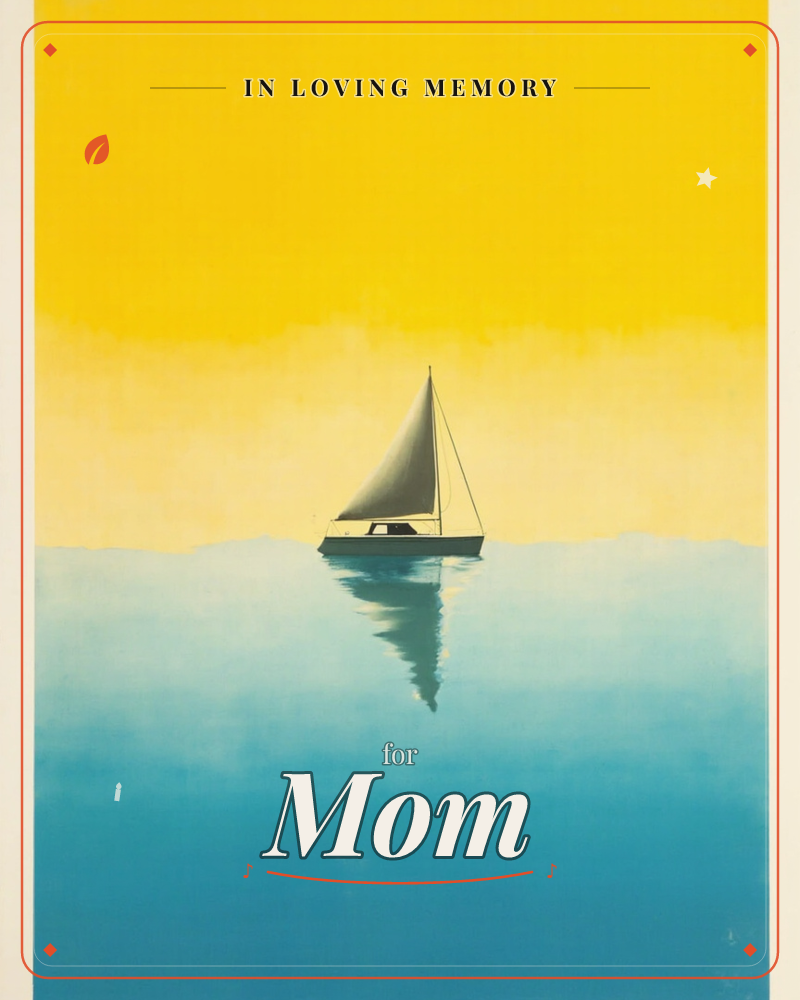 A single sailboat drifts on a glassy sea beneath a wide golden sky, its white sail mirrored perfectly in the still water below, a memory e-card design