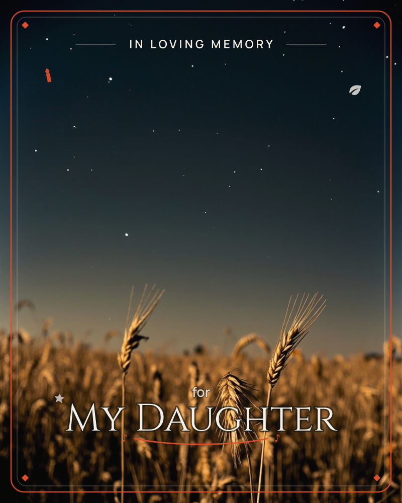 A field of ripened wheat stretches into darkness under a deep indigo sky scattered with stars, a memory e-card design