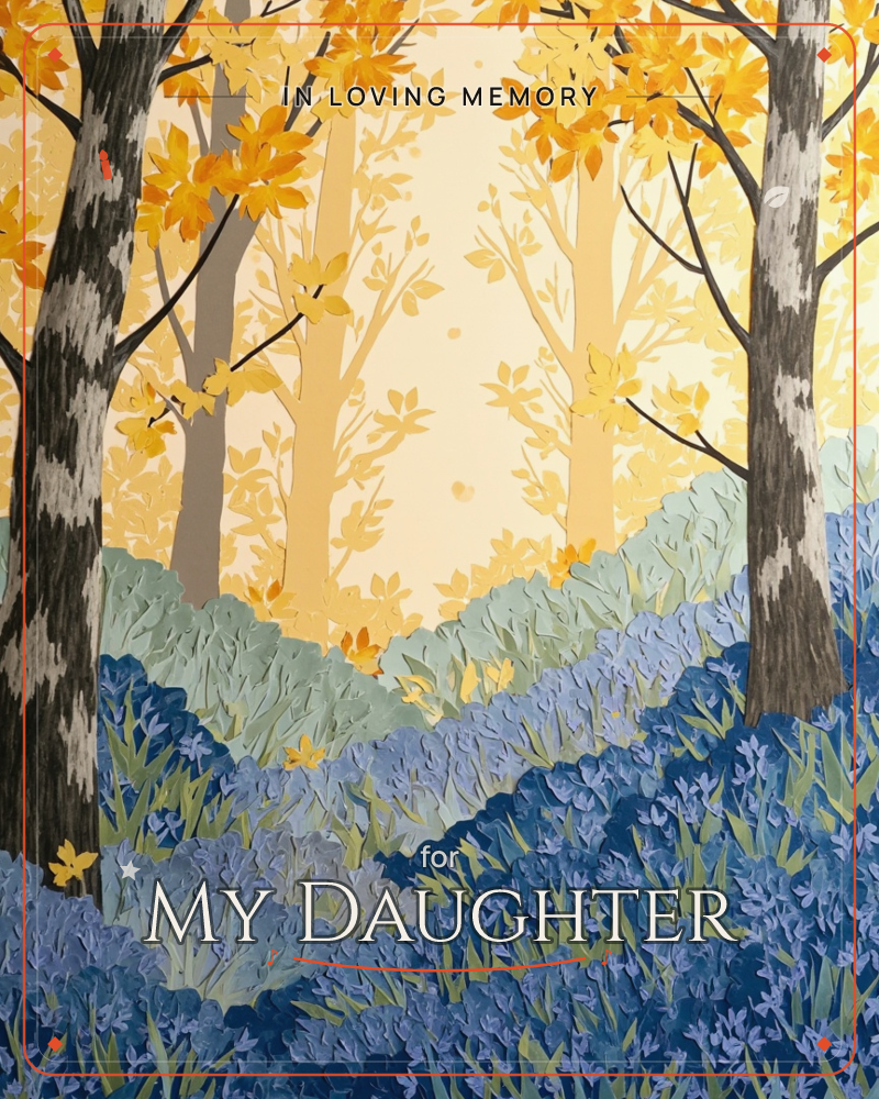 A woodland glows with golden autumn light filtering through slender tree trunks, their canopies scattered with amber and yellow leaves, a memory e-card design
