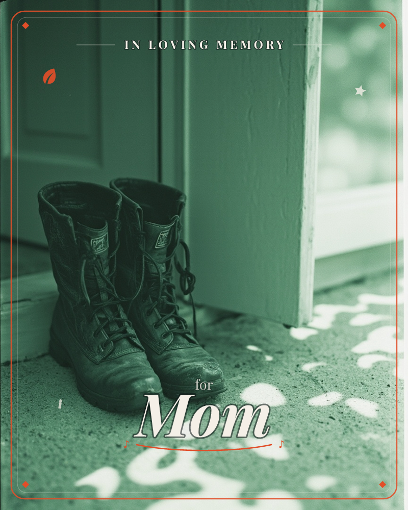A worn pair of lace-up work boots sits by an open doorway, their laces loosened and left untied, a memory e-card design