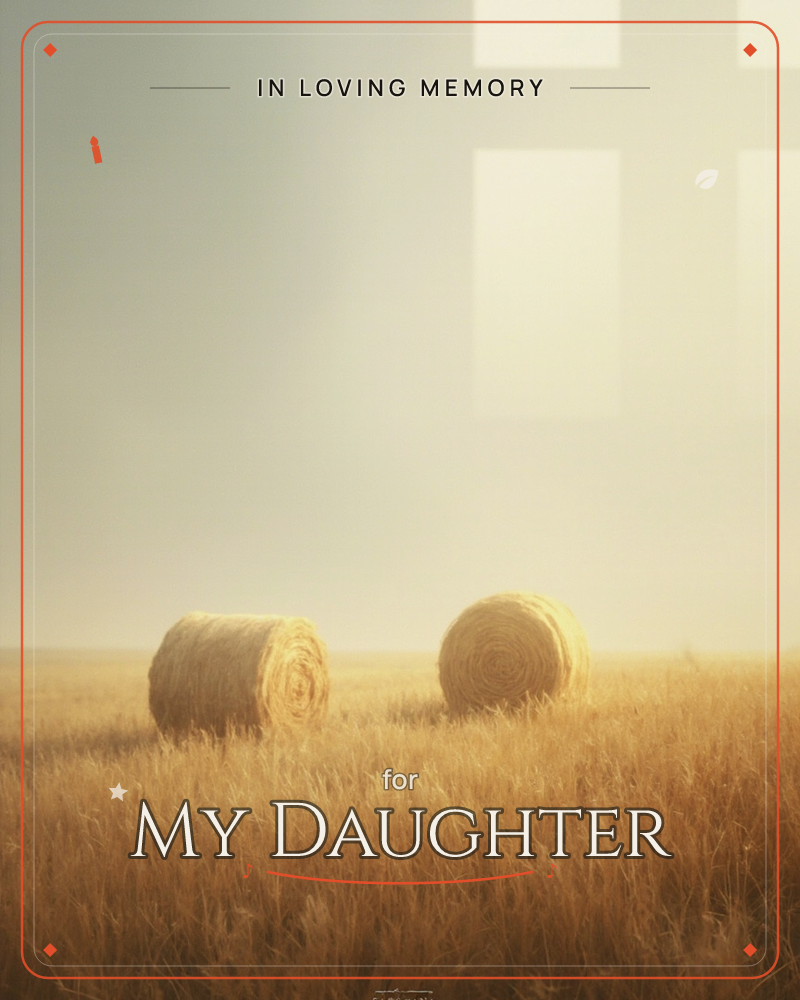 Two round hay bales sit low in a golden field beneath a soft, hazy sky, with a faint cross-shaped light breaking through the clouds above, a memory e-card design