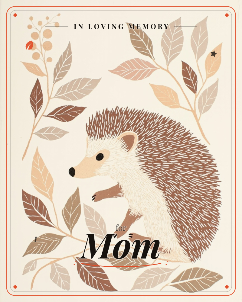 A cream-coloured card centred on a plump hedgehog with finely detailed brown and cream spines, standing amid autumnal branches of leaves and small…, a memory e-card design