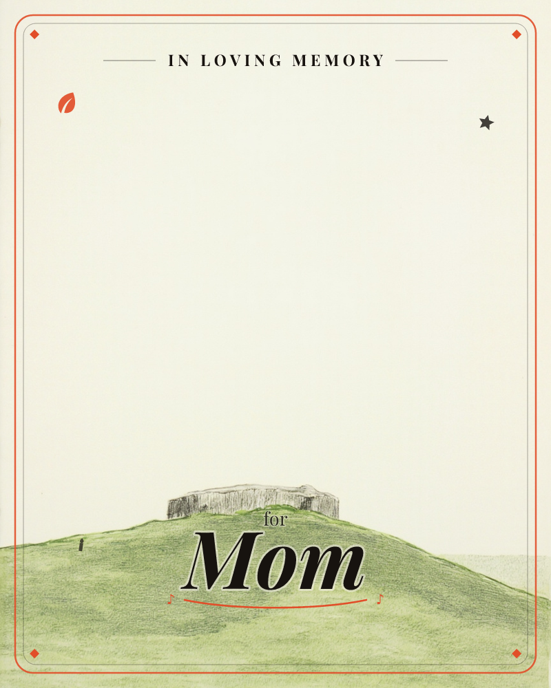 A lone stone cairn or ancient burial mound sits atop a rounded green hill, sketched in fine pencil lines against a vast pale cream sky, a memory e-card design