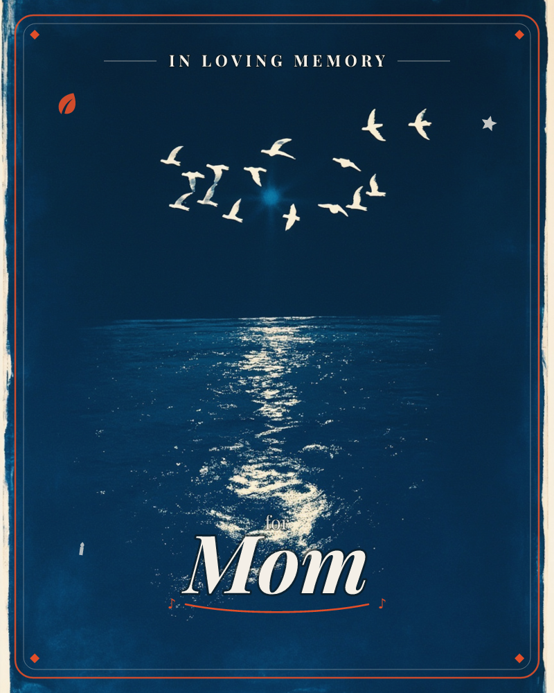 A deep indigo night sea stretches beneath a flock of white birds caught mid-flight, their wings lit by a hidden moon glowing at the horizon, a memory e-card design