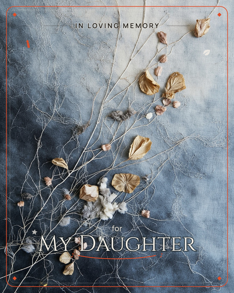 Bare, wispy twigs are arranged across a mottled indigo-and-grey fabric backdrop, scattered with dried papery petals, small brown seed pods, and tufts…, a memory e-card design