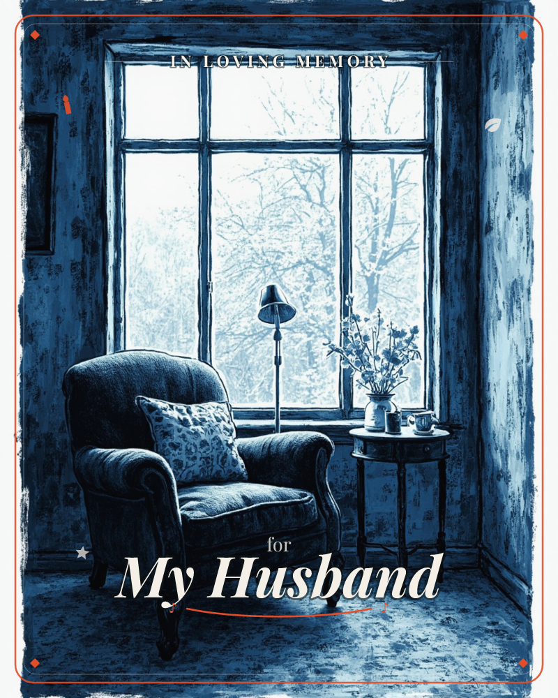 A quiet corner room rendered entirely in moody indigo tones, with a large paned window looking out onto bare winter branches, a memory e-card design