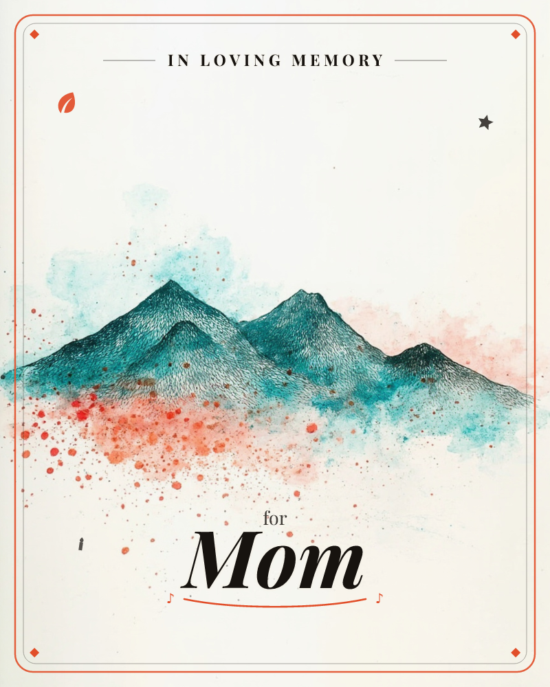 A cluster of dark teal mountain peaks rendered in fine ink hatching rises against a stark white background, with loose watercolour clouds of teal and…, a memory e-card design