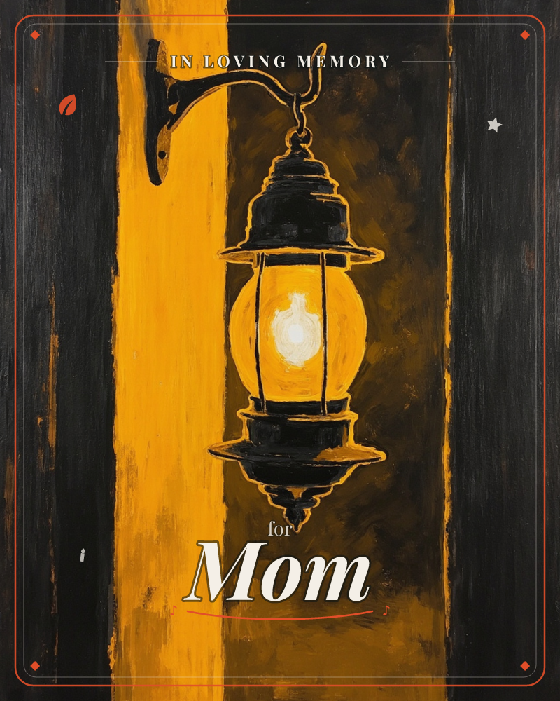 A black iron lantern hangs from a curled wall bracket, its glass globe glowing warm amber against a dark, streaky backdrop, a memory e-card design
