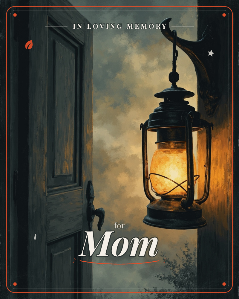 An old iron lantern hangs from a wall bracket beside a weathered wooden door left ajar, its warm flame glowing against a swirling, smoky twilight sky, a memory e-card design