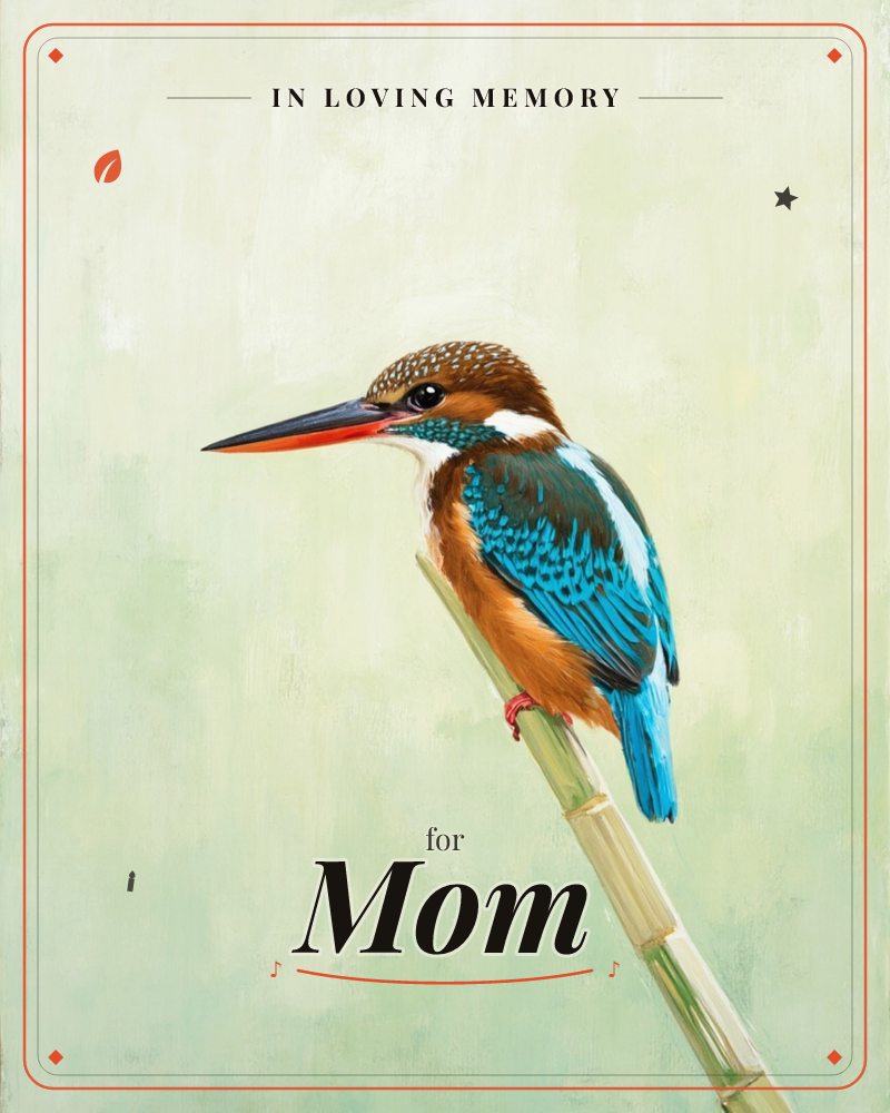 A kingfisher perches on a bamboo stem in profile, its long dark bill pointed left and its back a shock of turquoise and teal against a soft, mottled…, a memory e-card design